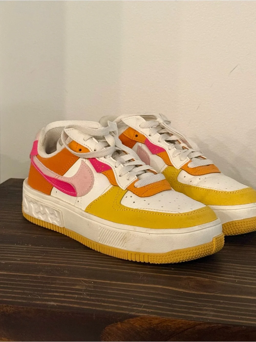 Nike White Low-Top Sneakers with Yellow, Orange and Pink Accents